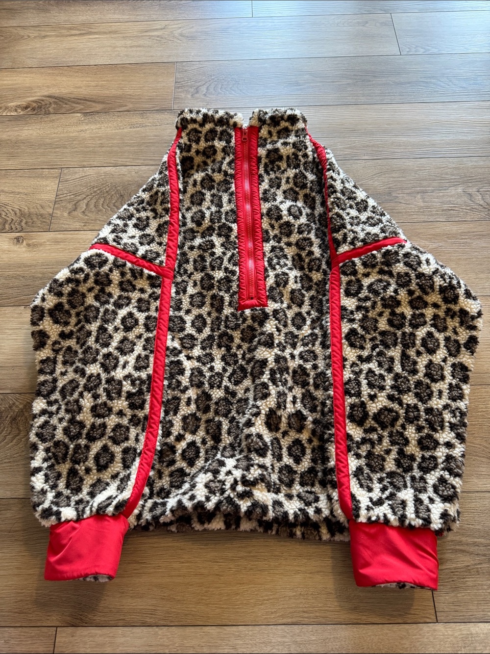 Leopard Sherpa Half-Zip Jacket with Red Trim - Kids